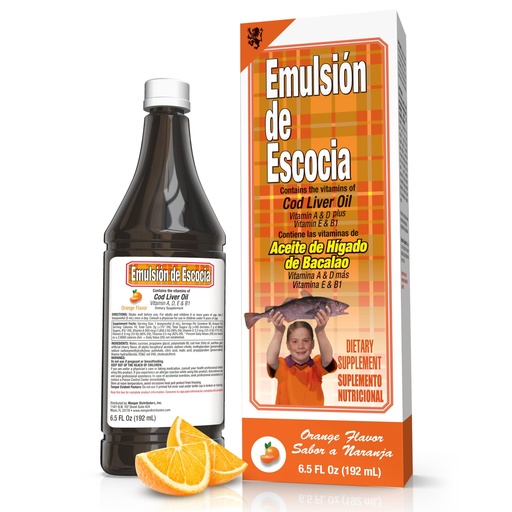 [BRSWYAQBBAOWYYLX] Emulsion de Escocia Cod Liver Oil, Orange Flavor, 6.5 fl oz (1 Pack) – Fish Oil with Vitamins A, D, E, B1, Omega-3 for Immune and Bone Health, Kids & Adults