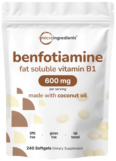 [BRSROFL6DEOQA3TP] Vitamin B1 Benfotiamine 600mg Per Serving, 240 Coconut Oil Softgels | Bioavailable B Vitamins Supplement, Converted to Active Thiamine | Non-GMO, Soy Free