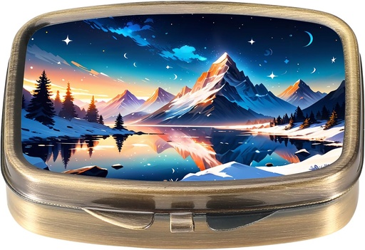 [BRSRA2Y7PIFA42DX] Dynippy Pill Case Pill Box with Mirror Retro Pocket 2 Comment Case Vitamin Pill Organzer for Pocket Purse and Travel (Retro- Snowy Mountain Reflections)