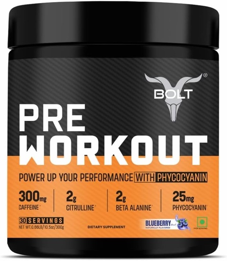 [BRSROBD6CB6BECYU] Bolt Pre Workout Supplement with Caffeine, Citrulline Malate, B-Alanine, Taurine | Explosive Energy, Pump & Focus |300g,30 Servings | Blue Berry Blast