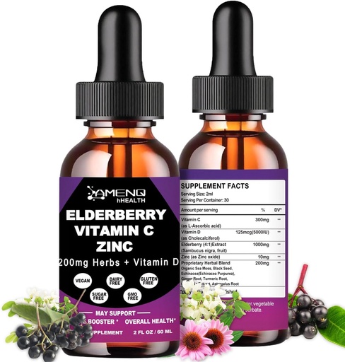 [BRSROBI3O57Q4CLA] Orgánica de Elderberry Syrup, gotas líquidas Vitamina C y Zinc para adultos, 11-in-1 Sambucus Black Elderberry Tincture w/ Vitamin D3, Sea Moss Black Seed, Elderberry Immune Support Suplemento