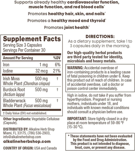 [BRSW2FLRBAMA2H3X] Alkaline Herb Store Sea Moss, Burdock Root, & Bladderwrack Supplement 90 Kapsler