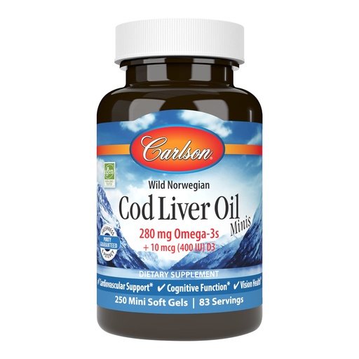 [BRSWIYILOAMWAFTM] Carlson - Cod Liver Oil Minis, 280 mg Omega-3s + Vitamins A & D3, Heart Support & Cognitive Function, Vision Health, 250 Mini Soft Gels