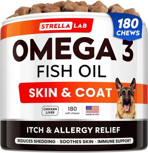 [BRSW2CAQPINRMFA6] StrellaLab Fish Oil Omega 3 Treats for Dogs (180 Treats) - Allergy & Itch Relief - Skin & Coat Supplement - Joint Health - Wild Alaskan Salmon Oil - Shedding, Itchy Skin Relief - Omega 3 6 9 - EPA&DHA