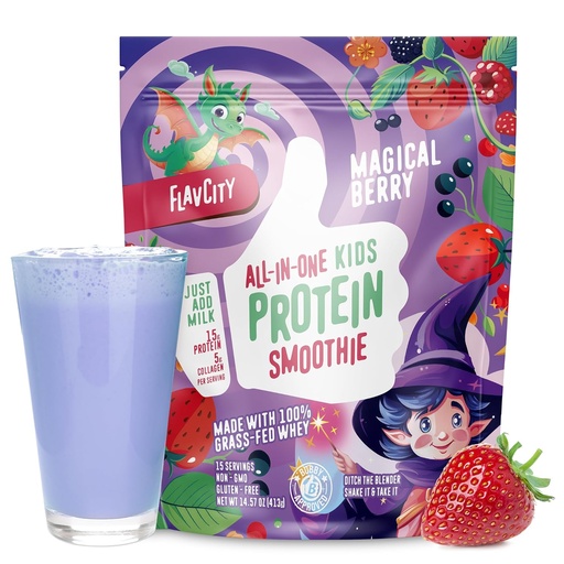 [BRSRAZQQDMFBSAL2] FlavCity All-in-One Protein Smoothie for Kids (Magical Berry) - Grass-Fed & Undenatured Whey Protein Powder with 15g Protein & 5g Collagen - Gluten-Free & Non-GMO - 15 Servings
