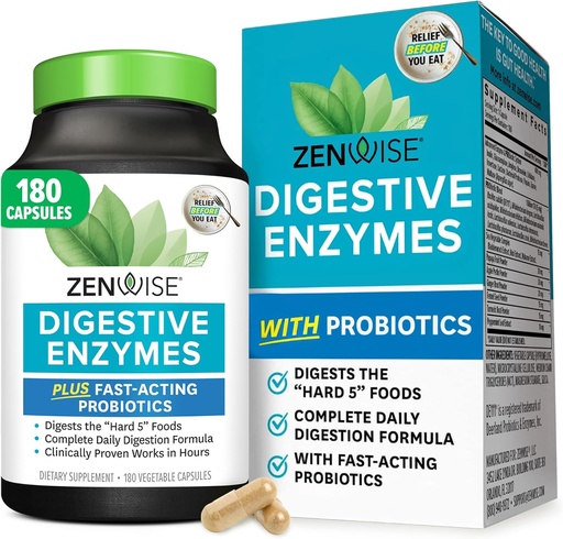 [BRSWIAABOYBGM33E] Zenwise Health Digestive Enzymes for Gut Health & Bloating Relief - Multi Enzymes Digestion Supplement with Probiotics, Bromelain & Papaya for Digestive Health Support - Men & Women - 180 Count