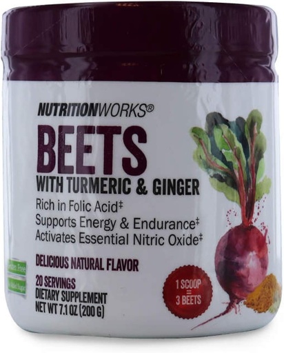 [BRSWGFQRCMNBEHLZ] Nutrition Works Beets with Turmeric & Ginger. Gluten Free, No Added Sugar. Supports Energy & Endurance. Dietary Supplement. 20 Servings 7.1 oz