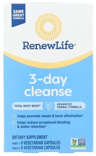 [BRSWGFDROYCQM2QU] Renew Life 3-Day Cleanse Total Body Reset 2-Part Detox Cleanse Capsules, Digestive Wellness and Regularity, Herbal Blend with Magnesium and Cranberry, Soy, Dairy and gluten-free 12 Count