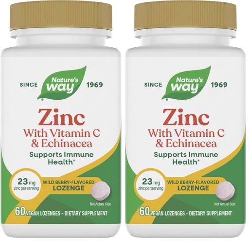 [BRSRAY35CQMAGDTD] Nature's Way Zinc Lozenges with Vitamin C & Echinacea, Zinc Supplements for Men and Women, Immune Support*, Wild Berry Flavor, 60 Lozenges, (Pack of 2), (Packaging May Vary)