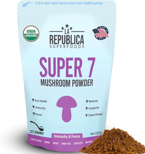 [BRSW2GATCUCGYDTK] La Republica Superfood Super 7 버섯 추출물 분말, Lion's Mane, Reishi, Chaga, Cordyceps, Shiitake, Maitake 및 터키 꼬리 (8 oz) 포함