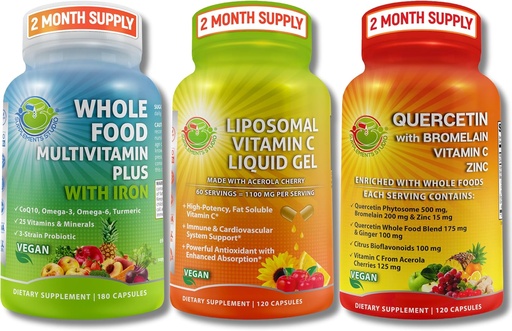 [BRSRAYLYBUMGCD3G] Immune, Energy & Comprehensive Multi-System Support Trio - Liposomal Vitamin C 1100mg Liquid Gel + Quercetin with Bromelain, Zinc & Vitamin C + Daily Multivitamin with Iron – Non-GMO, Clean Label