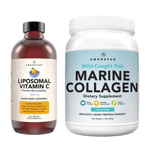 [BRSWYFQLB4CRSE36] Marine Collagen Powder + Vitamin C - Perfect Skin from Within Combo. Wild-Caught Cod Fish Peptides, Liposomal VIT C Liquid 1000mg. Boost Production and Synthesis for Healthy Aging, Beauty, Wellness.