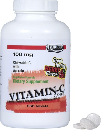 [BRSWIYYICB6WID34] Landau 100mg Chewable Vitamin C Candy for Kids & Adults – Easy-to-Take Vitamin C Supplement with Acerola – Kosher & Made in The USA – Great Tasting Berry Flavor, 250 Tablets