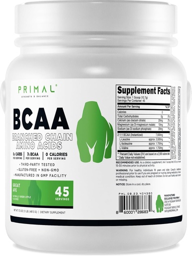 [BRSRAEL6CMFA2HTX] Primal BCAA Powder Great Ape (45 SERV) (Gran Apple Flavored) - 0 g Carbs, 0 Calories, 7g BCAA Por Serving