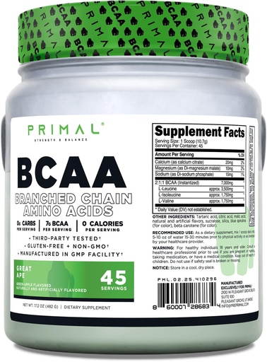 [BRSRAEL6CMFA2HTX] Primal BCAA Powder Great Ape (45 SERV) (Green Apple Flavored) - 0 g Carbs, 0 Calories, 7g BCAA Per Serving