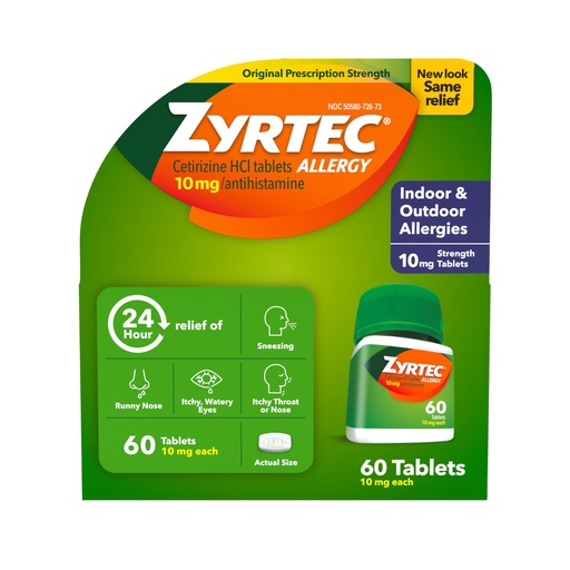 [BRSWYGA7CMDRMHTA] Zyrtec 24 Hour Allergy Relief Tablets, Indoor & Outdoor Allergy Medicine with 10 mg Cetirizine HCl per Antihistamine Tablet, Relief of Allergies, 60 count.