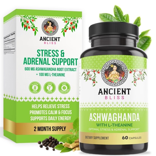 [BRSRO2YNBANGGDIZ] Ancient Bliss Ashwagandha with L-Theanine & Black Pepper Extract Capsules, Energy & Natural Mood Support Supplement, Focus Supplement for Adults