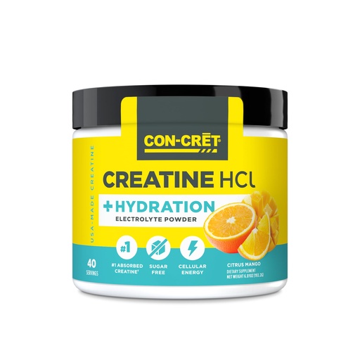 [BRSRA2Y3OZ6AKHT6] CON-CRET Creatine HCl + Hydration | Electrolyte Powder Tub | Citrus Mango | Sugar Free Electrolytes | Rehydration Formula w Potassium, Sodium, Zinc, Magnesium to Hydrate & Recover (40 serv)