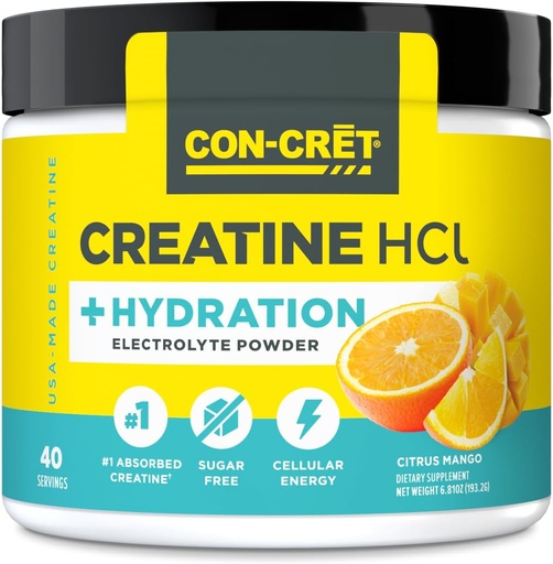 [BRSRA2Y3OZ6AKHT6] CON-CRET Creatine HCl + Hydration | Electrolyte Powder Tub | Citrus Mango | Suhkruvabad elektrolüüdid | Rehüdratsioonivalem w kaalium, naatrium, tsink, magneesium hüdraadimiseks ja taastamiseks (40 serv)