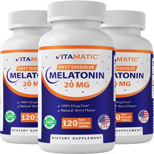 [BRSWYEI2DN6R4CA3] Vitamatic Melatonin 20 mg Tablets | Vegetarian, Non-GMO, Gluten Free | HIGH Potency 20 MG | Natural Berry Flavor (1/2 Tablets = Melatonin 10 mg) (120 Count (Pack of 3))