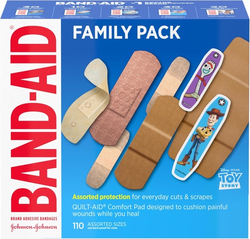 [BRSWYAD4AUMWMHI7] Band-Aid merk kleefband Family Variety Pack in diverse maten met waterblok Flex, flexibele stof, huid-flex, Tough Strips & Pixar Character Bandages, 110 ct