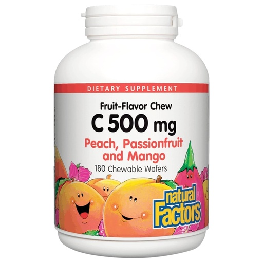 [BRSWIYT3PMCBSADA] Natural Factors, Kids Chewable Vitamin C 500 mg, Supports Immune Health, Bones, Teeth and Gums, Peach, Passionfruit and Mango, 180 Wafers