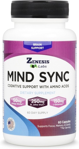 [BRSWKGQLDJ7Q23A7] Zenesis Labs Mind SYNC - 60 cápsulas con Ginkgo Biloba, St John's Wart &amp; L-Glutamine - Lee los comentarios