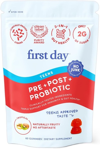 [BRSRAFT6OZ7WE333] FIRST DAY Teens’ Gut Sustainer Tribiotic Gummies – 3-in-1 Prebiotic, Probiotic & Postbiotic Supplement – Supports Digestive, Skin, Oral & Immune Health, Nutrient Absorption & Growth – 30-Day Supply