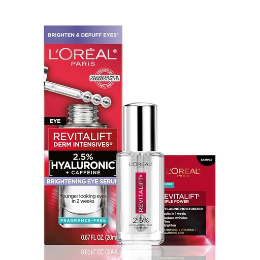 [BRSW2EDYAB4BE3AV] L'Oreal Paris Revitalift Hyaluronic Acid + Caffeine Hydrating Eye Serum for Dark Circles, Fragrance Free .67 fl. oz + Moisturizer Sample