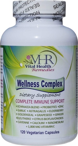 [BRSWGGL7CUDQYHI3] VHR Wellness Complex Immune Boosting Formula with Echinacea, Goldenseal, Garlic, Probiotics, Elderberry, Astragalus, Grapeseed, Cayenne, Bioflavonoids, Eleuthero, Ginger, VIT. C, Zinc. 120 Veg caps