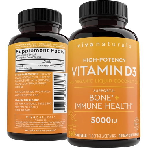 [BRSWIFAYBAAGODQ3] Viva Naturals Vitamin D3 5000 IU Softgels, 360 Count (125 mcg), Supports Bone & Immune Health, High Potency Vitamin D