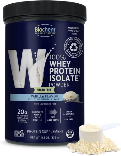 [BRSWIEYKC4OQAF36] Biochem 100% Whey Vanilla senza zucchero 20g, 11.8oz, vegetariano certificato, senza glutine certificato, certificato non OGM Testato, Keto Friendly, erba-Fed