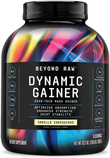[BRSROZA3PMBQMAIV] BEYOND RAW Dynamic Gainer. High-Tech Mass Gainer, Optimized Absorption and Enhanced Strength, Vanilla Cheesecake, 15 Servings