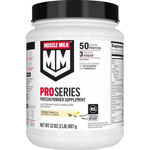 [BRSRMZYFOUIGMGTG] Muscle Milk Pro Series Protein Powder Supplement, Intense Vanilla, 2 Pound, 11 Servings, 50g Protein, 3g Sugar, 20 Vitamins & Minerals, NSF Certified for Sport, Workout Recovery, Packaging May Vary