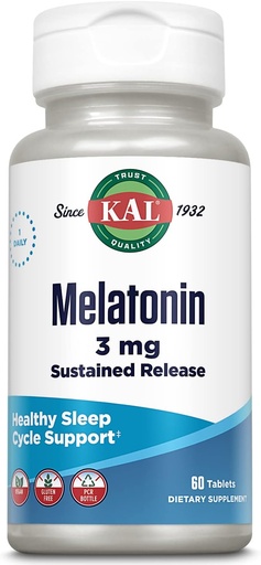 [BRSWIYTYCUPQOYDY] KAL Melatonin 3mg Sostenida liberación Ayuda al sueño, suplemento de melatonina Apoyo Relajación saludable, una sensación de calma y un ciclo de sueño adecuado, w / vitamina Agregada B6, Vegan, Gluten libre 60 serv, 60 tabletas