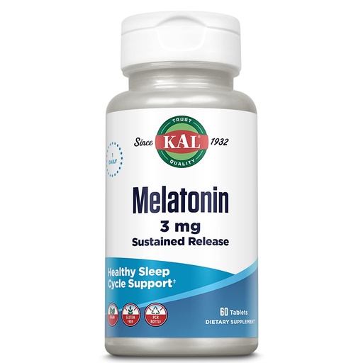 [BRSWIYTYCUPQOYDY] KAL Melatonin 3mg Sustained Release Sleep Aid, Melatonin Supplement Supports Healthy Relaxation, a Calm Feeling and a Proper Sleep Cycle, w/Added Vitamin B6, Vegan, Gluten Free 60 Serv, 60 Tablets