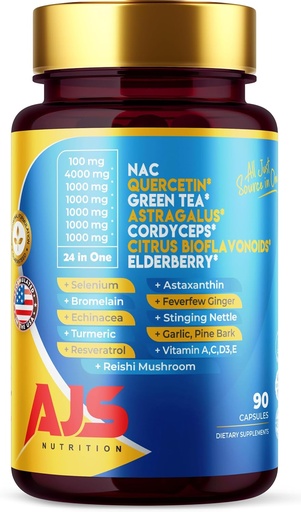 [BRSROBQ5CQHRS234] AJS Quercetin 4000mg with Nac Green Tea Cordycepscitrus Elderberry Selenium Bromelain Echinacea Turmeric Resveratrol Astaxanthin Feverfew Ginger Reishi Mushroom 90 Caps 20 in 1