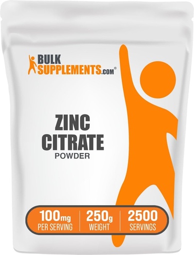 [BRSWKZTQPN4BQYDA] BulkSupplements.com Zinc Citrate Powder - Zinc Supplements, Mineral Supplement, for Immune Support - Gluten Free, 100mg per Serving, 250g (8.8 oz) (Pack of 1)