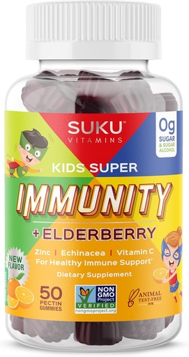 [BRSWYCD4DJ7WMFLU] SUKU Vitamins - Kids Super Immunity - Elderberry, Echinacea, Vitamin A and Zinc Gummies for Immune Support - Easy to Chew - Non GMO, Gluten Sugar Free - Pomegranate Lime Gummy Vitamins, 50 Count