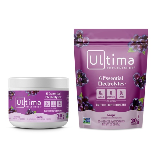 [BRSRMAY7OUBAO3LO] Ultima Replenisher Electrolyte Powder Drink Mix Bundle – Sugar Free – Grape, 30 Serving Canister and 20 Stickpacks – 6 Electrolytes and Minerals – Keto Friendly, Vegan, Non-GMO