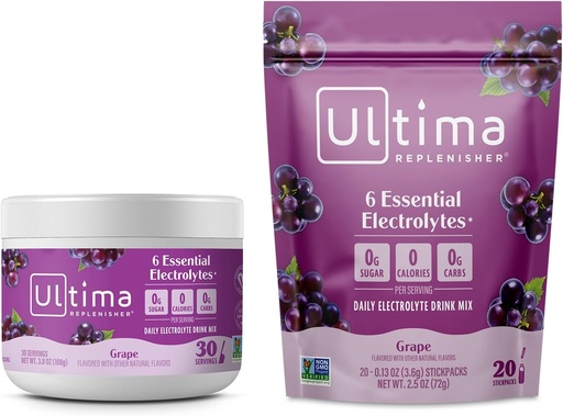 [BRSRMAY7OUBAO3LO] Ultima Replenisher Electrolyte Toz İçki Mix Paket - Sugar Free - Grape, 30 Canister və 20 Stickpacks - 6 Electrolytes və Minerals - Keto Dostu, Vegan, Non-GMOMO