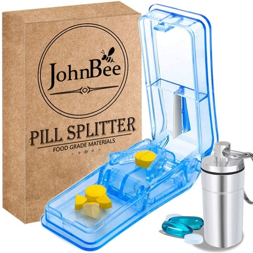[BRSWGCAYOV5WODTA] JohnBee Pill Cutter | Best Pill Cutter for Small or Large Pills | Designed in The USA| Cuts Vitamins | Includes Keychain Pill Holder (Blue) | pill splitter for small pills or 0.8" large pills