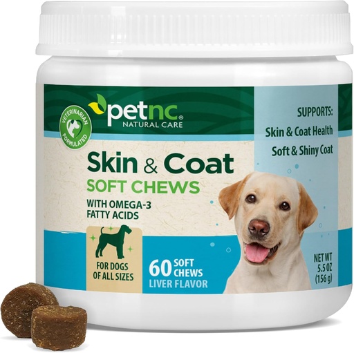 [BRSWIBY3CIFBSADU] Petnc Natural Care Dog Skin and Coat Supplement (60 Chewables), With Omega 3, EPA & DHA, Promotes Healthy Skin & Glossy Coat, For Dogs 18 Weeks & Older, Liver Flavor