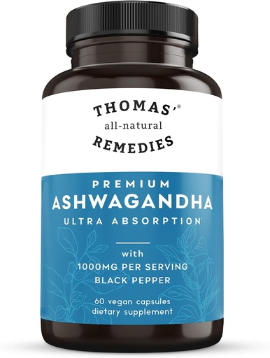 [BRSRA236A4FGK3L2] Thomas' all-natürliche Heilmittel Bio Ashwagandha Stress Support Supplement, Mood & Energy Support, Pure Ashwagandha 1000mg, Ultra Absorption mit schwarzem Pfeffer, Vegan, keine Füllstoffe
