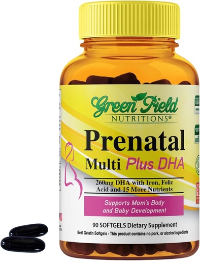 [BRSRMZ35OV4B423B] Greenfield Nutritions Vitamine Prenatali Halal con DHA e Acido Folico - Gravidanza Prenatale Essenziale Multivitamina con Ferro - Contiene 17 Vitamine per Mamma da Essere - Facile da Ingoiare 90 Softgel Liquidi