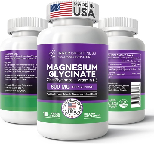 [BRSRAFD6AUIGK3AY] Magnesium Glycinate - Magnesium Suplemen dengan Zinc & Vitamin D3 untuk Tidur, Imune, Bone & Muscle Dukungan dan Kesehatan Jantung - Non-GMO, Bebas, Lembut pada Perut - 180 Vegetarian Capsules