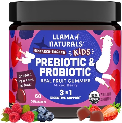[BRSROAIFDEIG23L2] Llama Naturals Kids Probiotic mit Prebiotic Fiber, Vegan, Bio-Präbiotika und Probiotics Gummis für Gut Health Support, Kleinkind Real Fruit Gummy Vitamins, Ohne Zusatz von Zuckerrohr, Mischbeere, 60 Ct