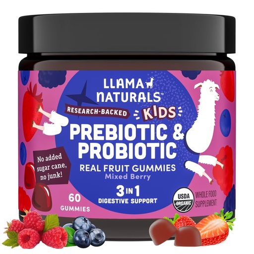 [BRSROAIFDEIG23L2] Llama Naturals Kids Probiotic with Prebiotic Fiber, Vegan, Organic Prebiotics and Probiotics Gummies for Gut Health Support, Toddler Real Fruit Gummy Vitamins, No Added Sugar Cane, Mixed Berry, 60 Ct