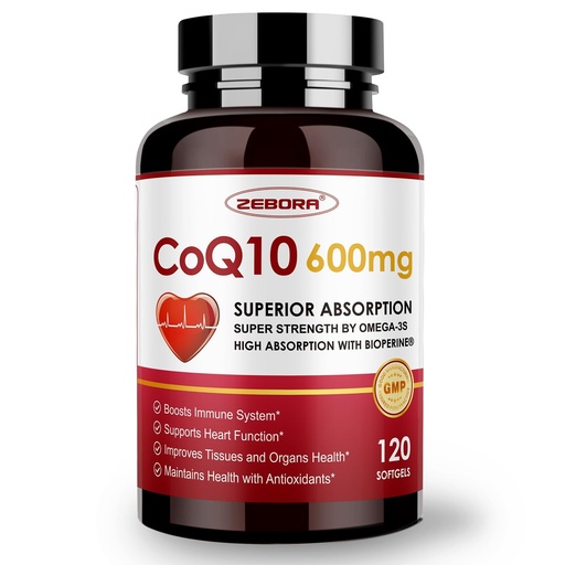 [BRSRAHYPOJYGAE3P] ZEBORA CoQ10-600mg-Softgels - Extra Strength Coenzyme Q10 with PQQ, Omega-3 & BioPerine - High Absorption CoQ10 Supplements Antioxidant (Ubiquinone) for Heart Health & Energy Production, 120 Softgels