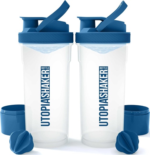 [BRSWYFIPCVYBMC3B] Utopia Home Shaker Bottle 2 Pack - 24 Ounce Plastic Protein or Cocktail Shaker Bottle for Pre & Post workout with Twist & Lock Protein Box Storage (Clear/Navy)
